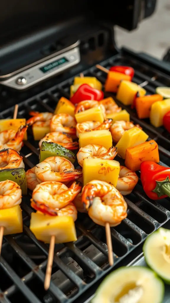 Grilled pineapple and shrimp skewers on a grill.