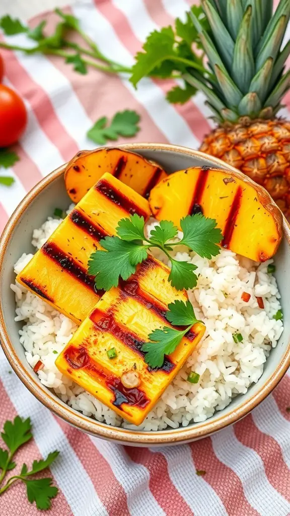 A bowl of cilantro rice topped with grilled pineapple slices, garnished with fresh cilantro.