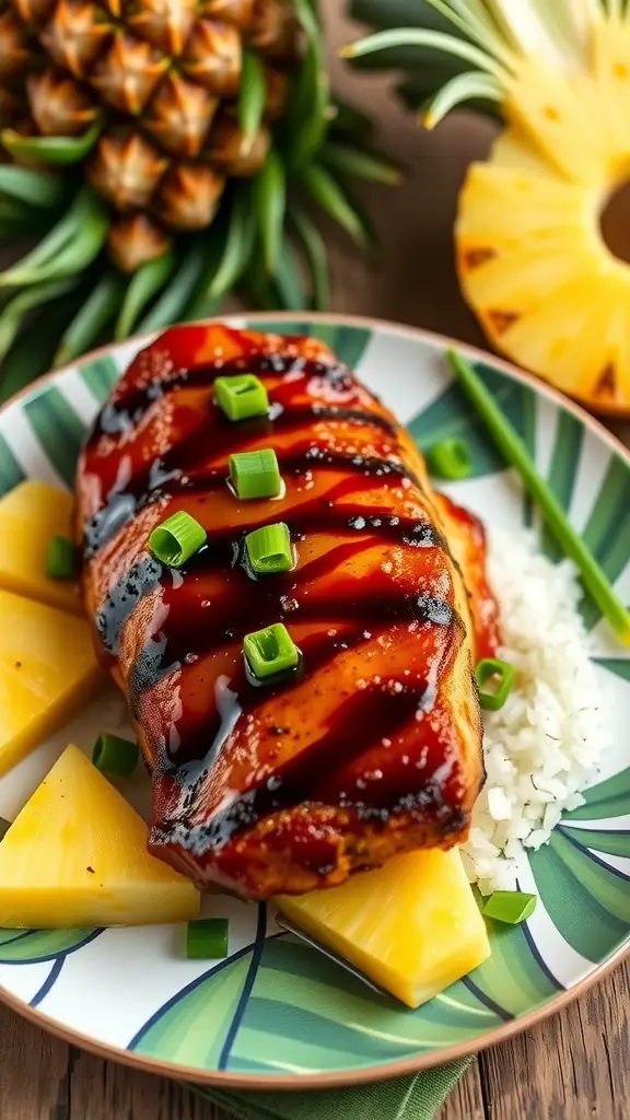Grilled pork tenderloin served with pineapple slices and green onions