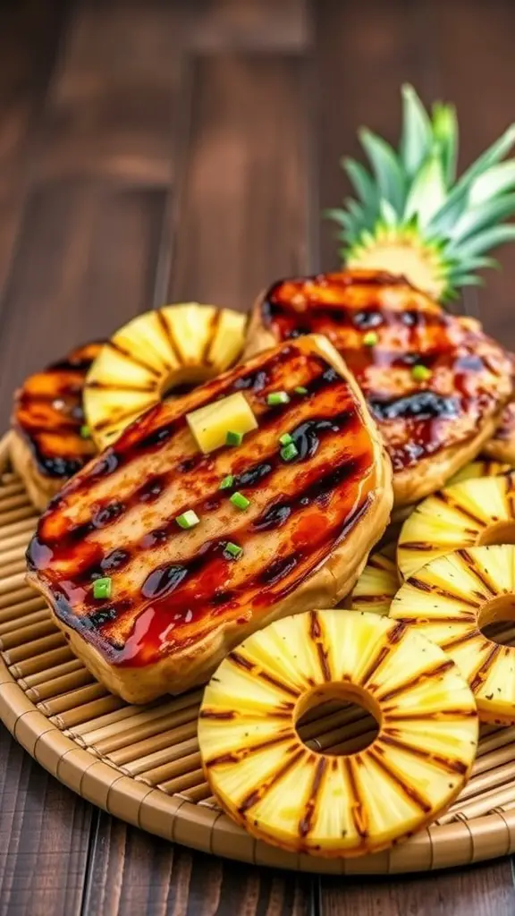 Grilled pork chops with teriyaki sauce and pineapple slices