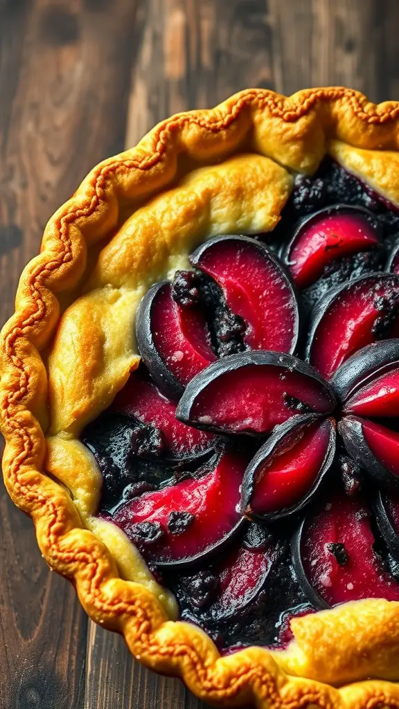 Plum and ginger pie with a golden flaky crust.