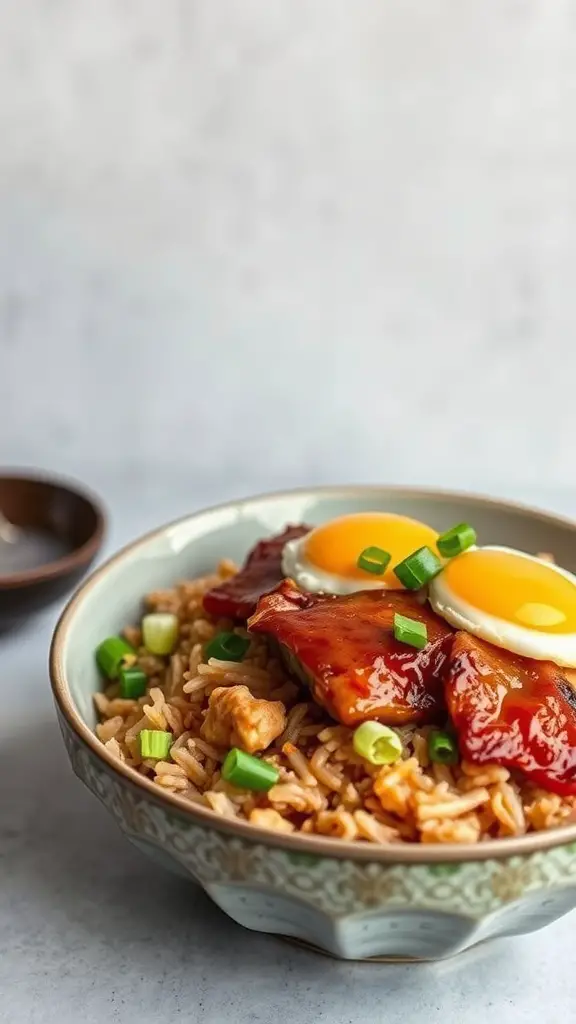 A bowl of pork belly and kimchi fried rice topped with fried eggs and green onions.