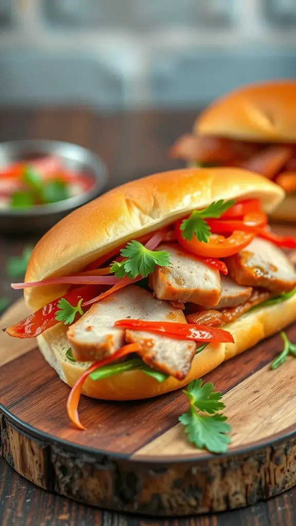 A delicious pork belly banh mi sandwich with fresh vegetables on a wooden board.