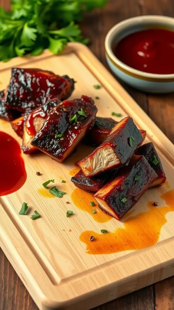 Delicious caramelized pork belly burnt ends topped with BBQ sauce and fresh herbs.