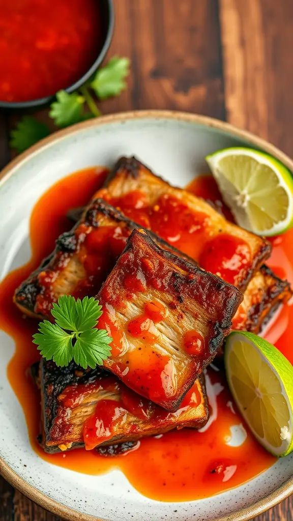 Grilled pork belly with Thai chili sauce garnished with cilantro and lime