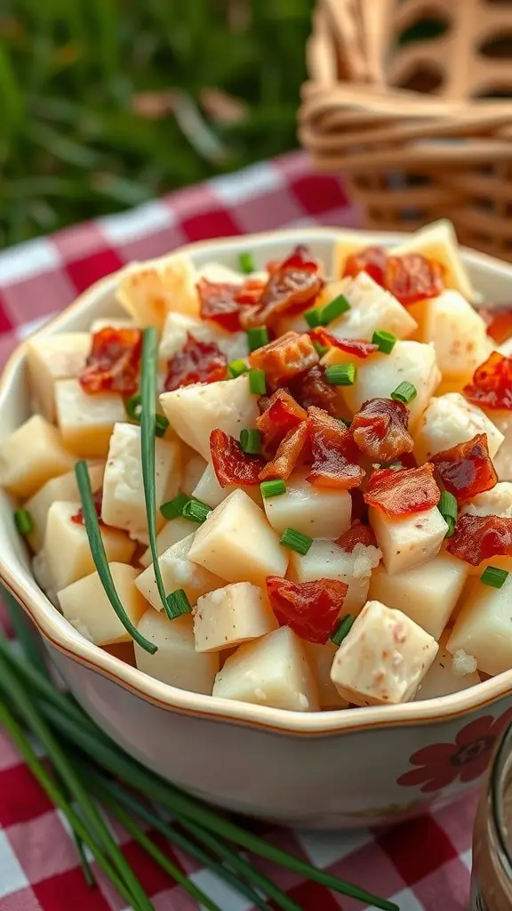 A bowl of potato salad topped with bacon and chives, ready for a BBQ.