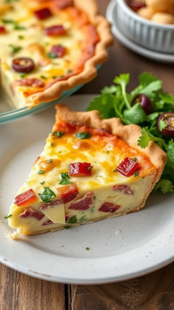 A slice of Quiche Lorraine with cheese and bacon on a plate, showcasing a flaky crust and colorful filling.