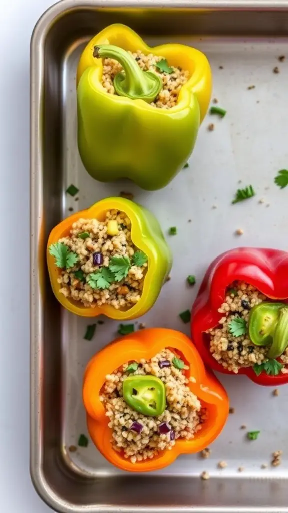 Quinoa-stuffed bell peppers in various colors arranged on a baking tray.