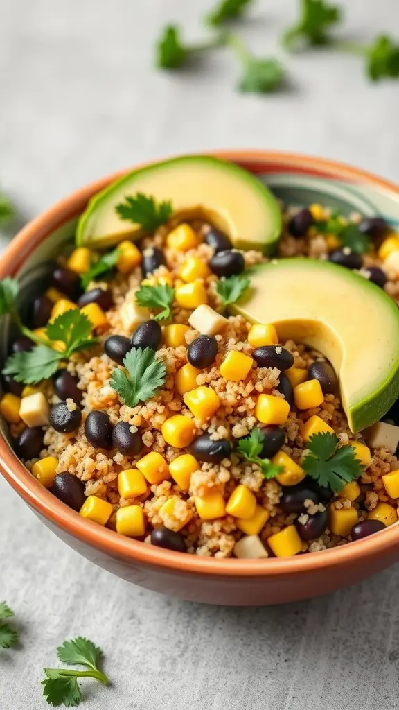 A colorful quinoa and black bean salad with corn and avocado.