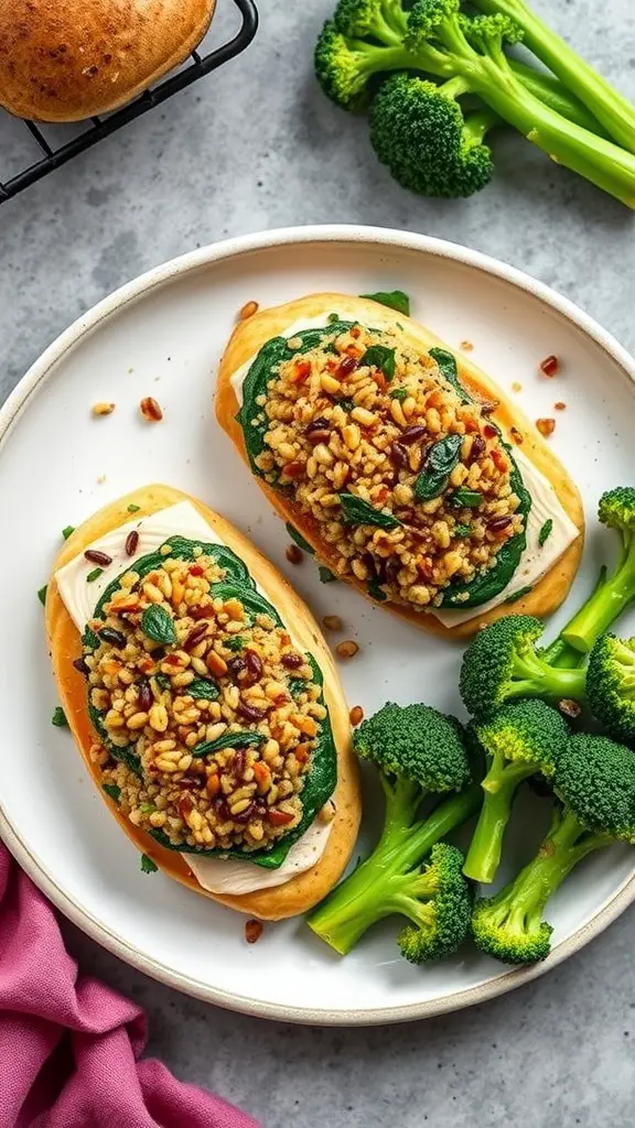 Quinoa and Spinach Stuffed Chicken Breasts on a plate with broccoli