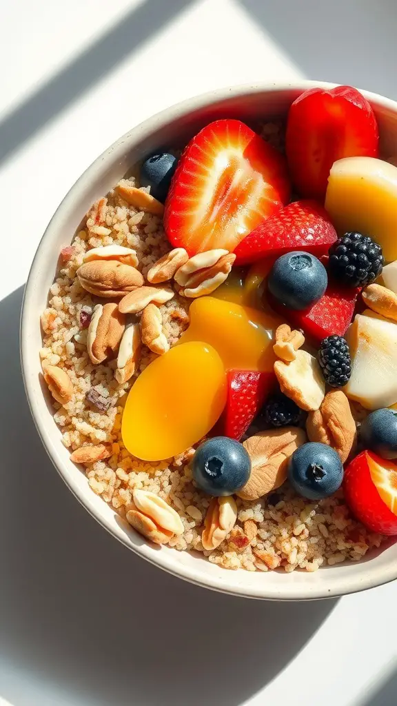 A colorful quinoa breakfast bowl topped with fresh fruits and nuts.