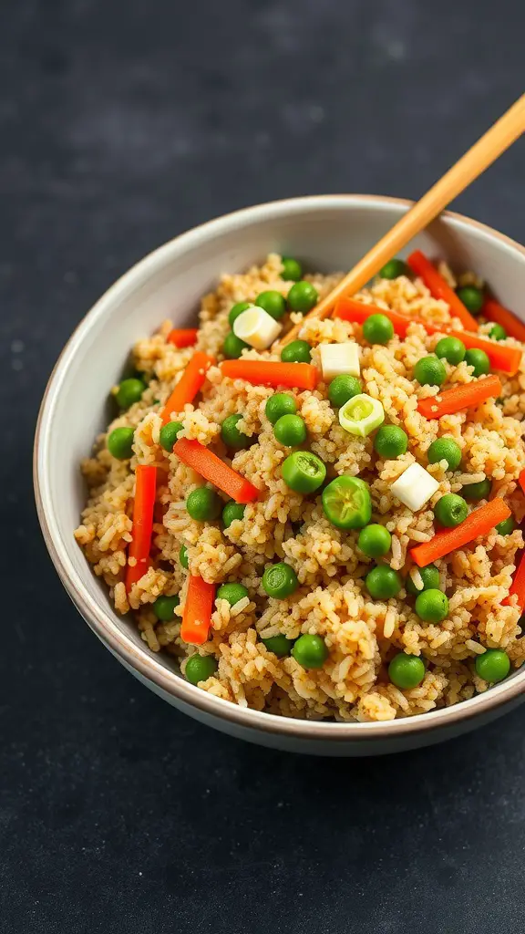 A bowl of quinoa fried rice with peas and carrots, garnished with green onions.