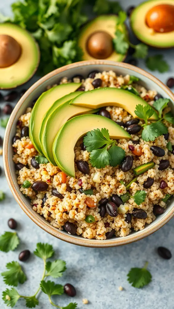 A vibrant quinoa salad with avocado slices and black beans, garnished with cilantro.