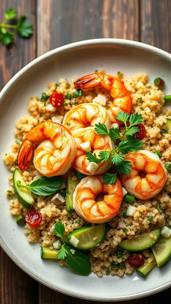 A quinoa salad with grilled shrimp, fresh vegetables, and herbs.