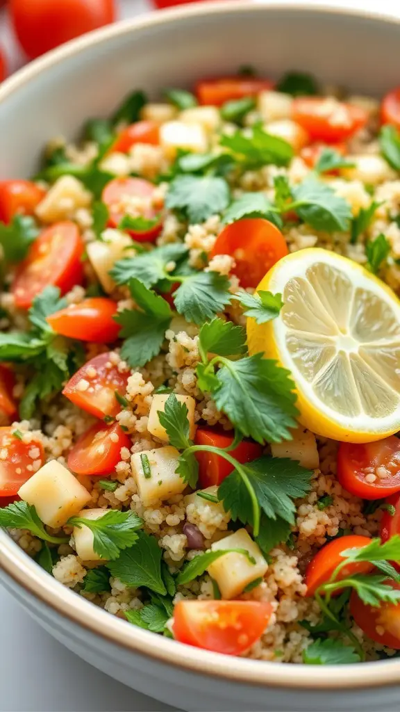 A bowl of quinoa tabbouleh with fresh herbs and vegetables.