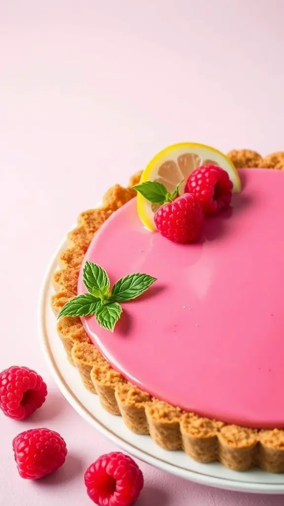 A vibrant raspberry lemonade pie with a flaky crust and garnished with mint.