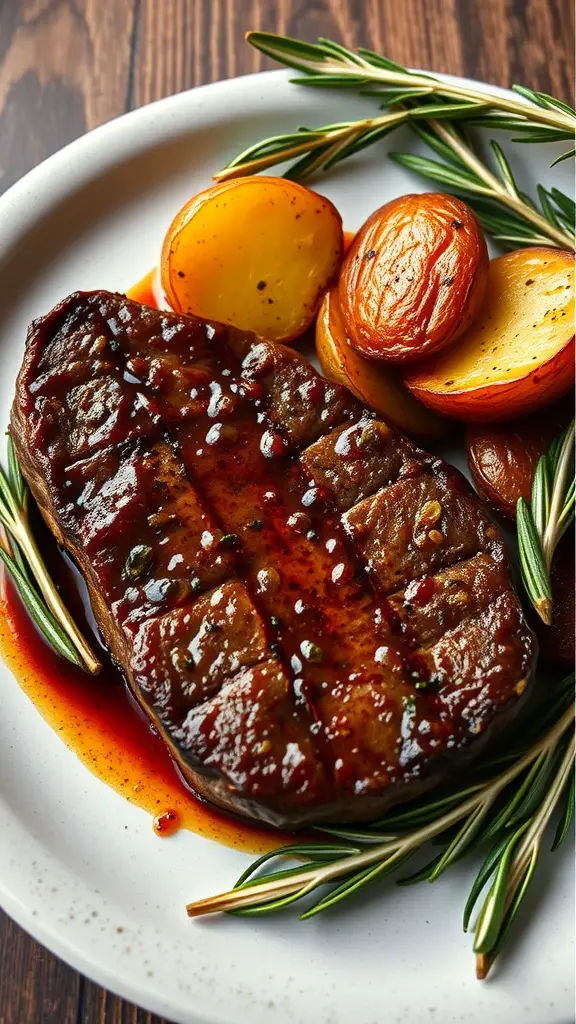 Grilled skirt steak with red wine and rosemary marinade, served with roasted potatoes.