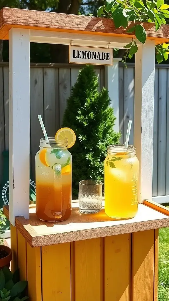 A vibrant lemonade and iced tea stand with colorful drinks and garnishes.