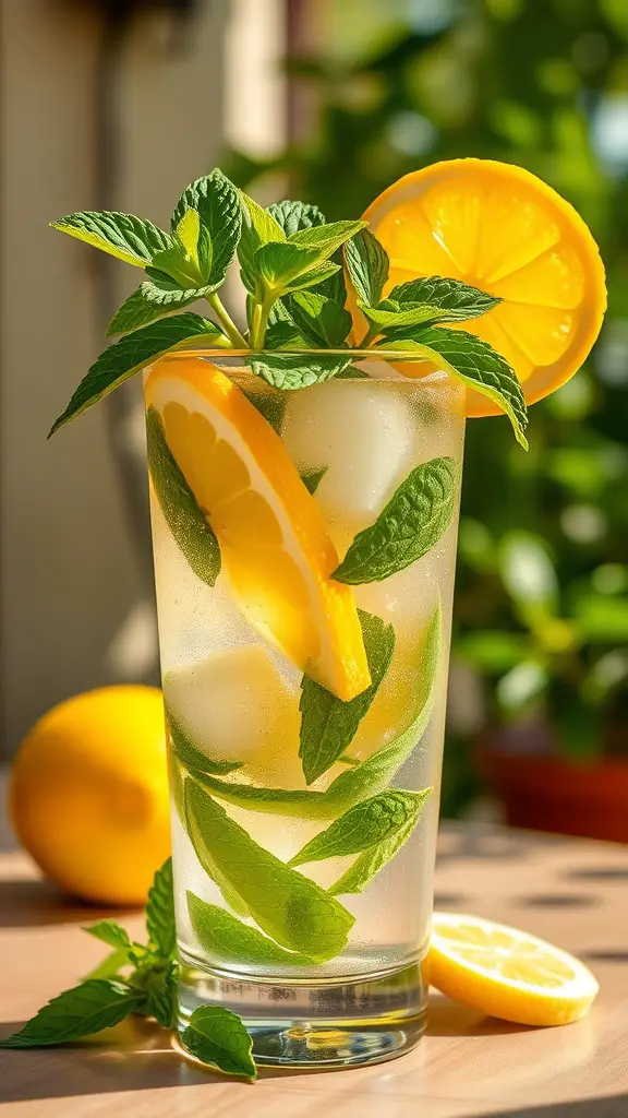 A refreshing lemonade drink garnished with fresh mint and lemon slices in a clear glass.