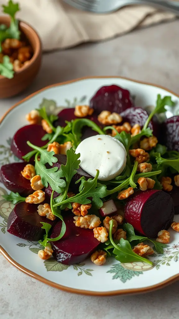 A vibrant roasted beet and goat cheese salad topped with arugula and walnuts.