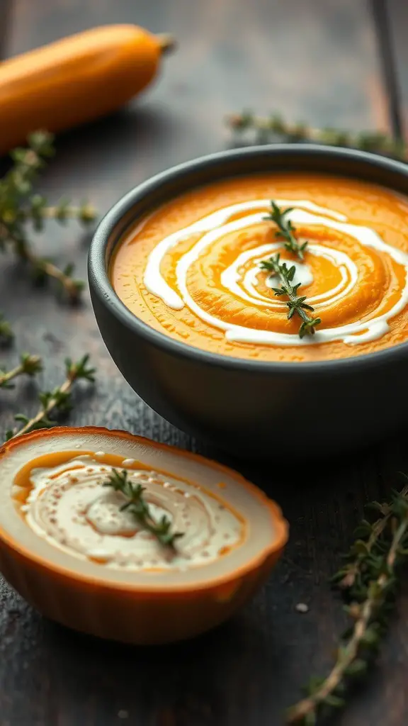 A bowl of roasted butternut squash soup garnished with thyme, on a wooden table.