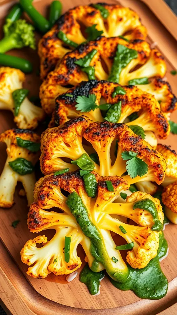 Roasted cauliflower steaks drizzled with chimichurri sauce on a wooden platter.