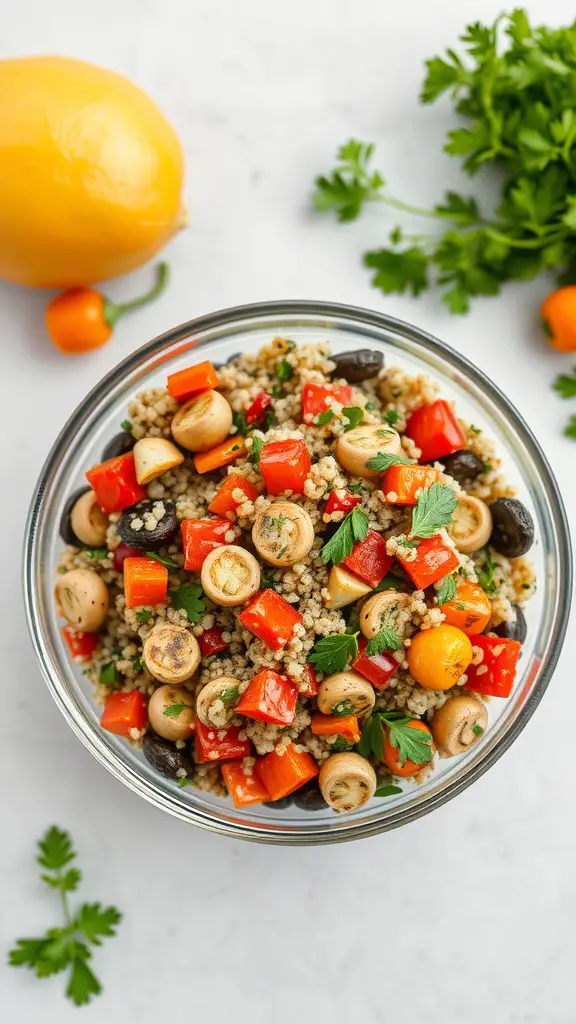 A colorful bowl of roasted vegetable quinoa salad with fresh herbs and a lemon on the side.