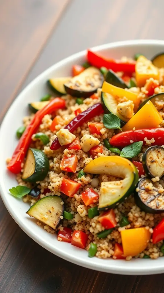 A colorful bowl of roasted vegetable quinoa salad with assorted vegetables and quinoa.