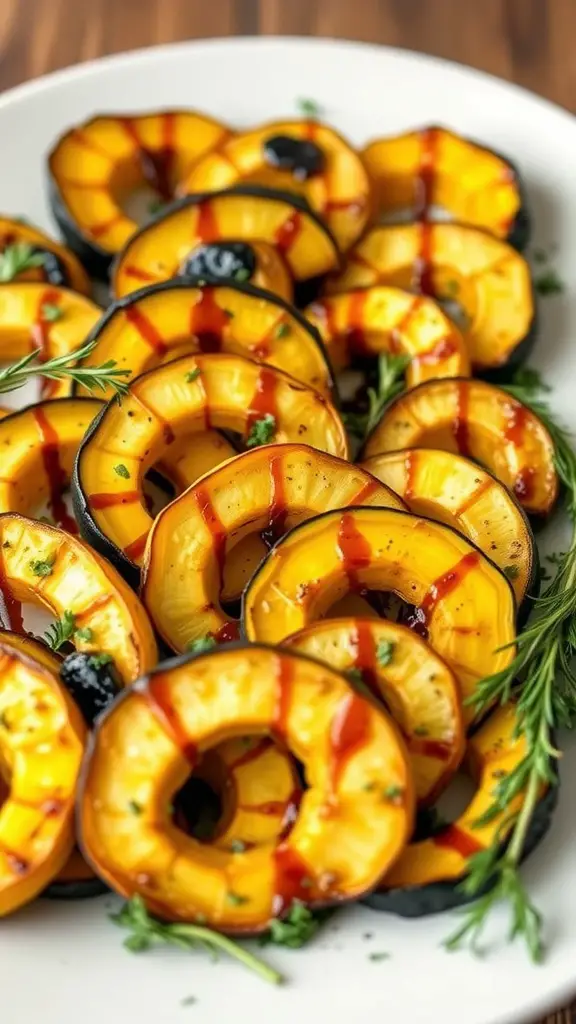 Roasted yellow squash slices with balsamic glaze and herbs