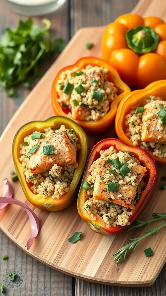 Salmon-Stuffed Bell Peppers arranged on a wooden platter