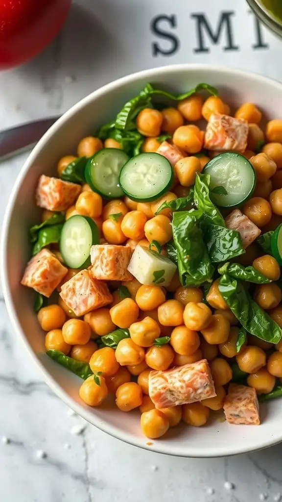 A colorful bowl of salmon and chickpea salad with greens and cucumber slices.
