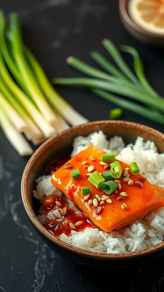 A bowl of salmon and rice topped with teriyaki sauce, green onions, and sesame seeds.