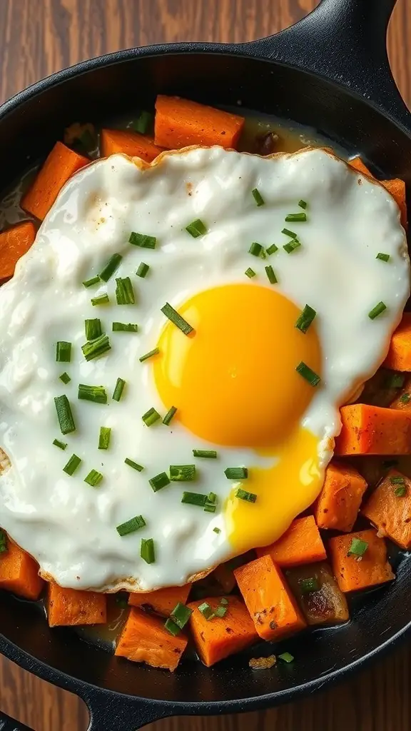 A delicious plate of salmon and sweet potato hash topped with a fried egg and chives.