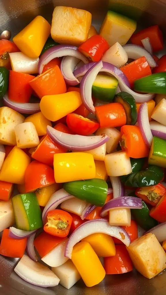 A colorful medley of sautéed summer squash and bell peppers