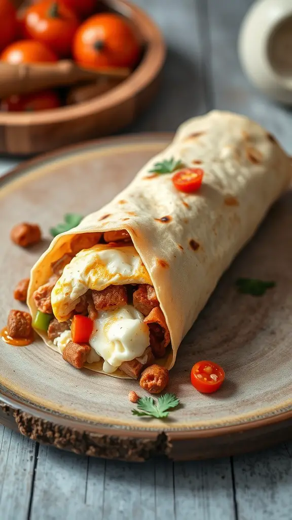 Savory breakfast burritos filled with chorizo, eggs, and veggies