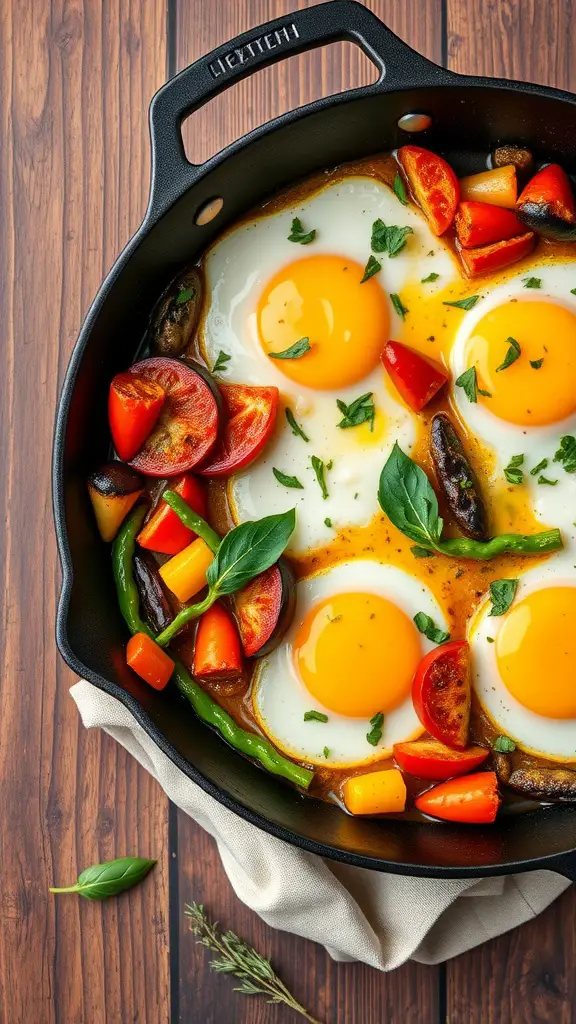 A hearty breakfast skillet featuring eggs cooked with colorful vegetables.
