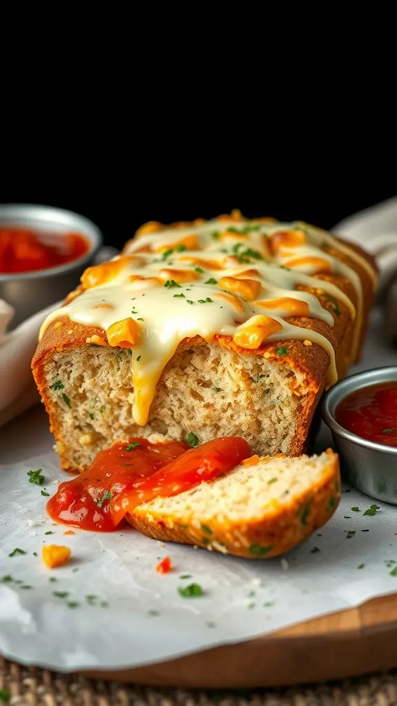 A loaf of savory cheddar zucchini bread with a slice taken out, served with marinara sauce.