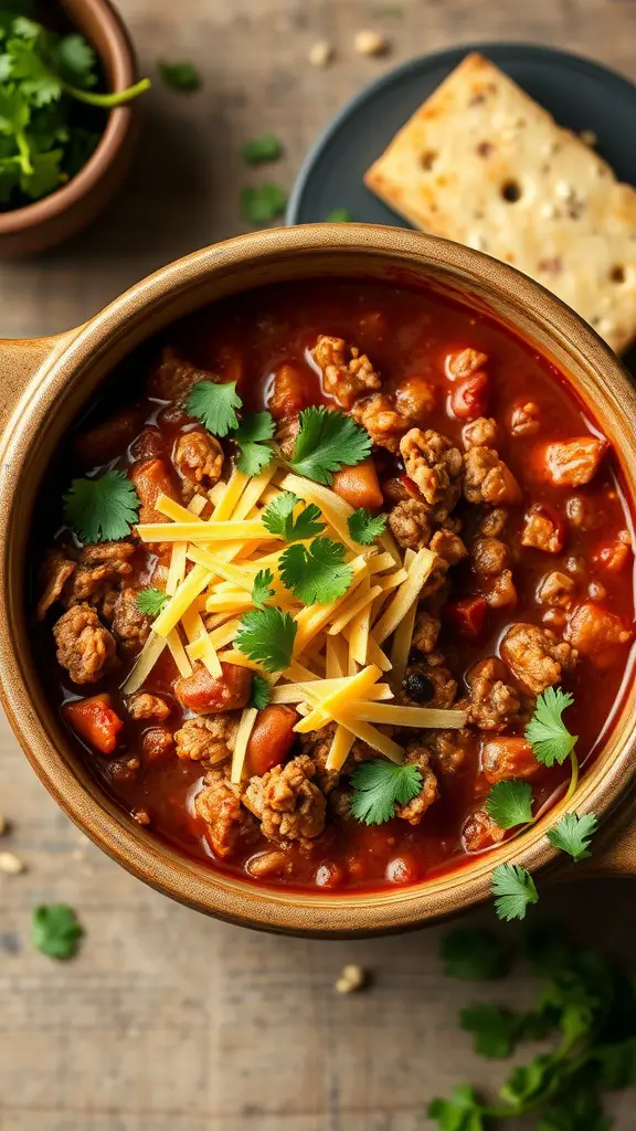 Bowl of savory ground turkey chili topped with cheese and cilantro.