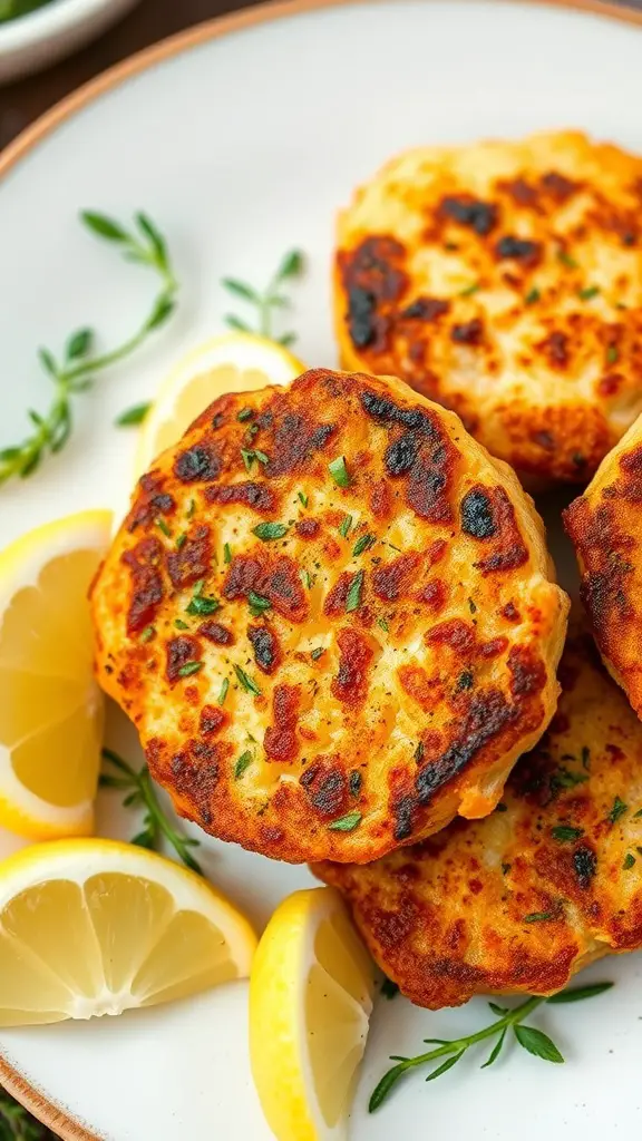 Savory salmon cakes served with lemon slices and fresh herbs.