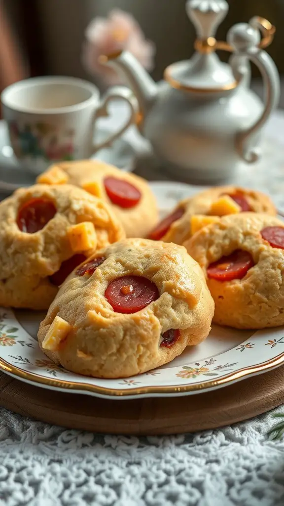 Savory summer sausage and cheddar scones served on a decorative plate.