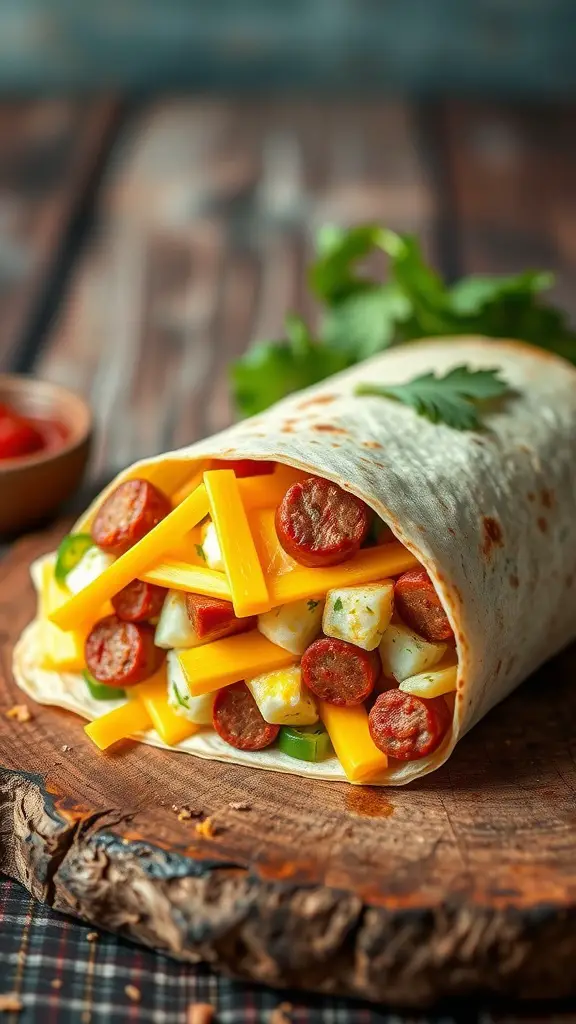Savory summer sausage breakfast burrito filled with cheese and vegetables.