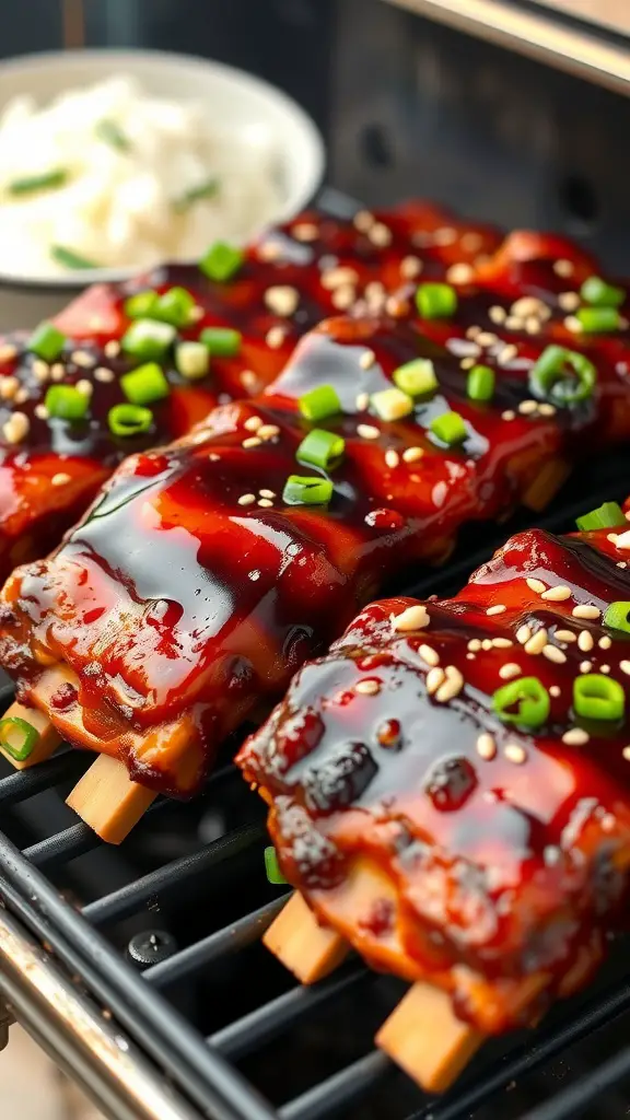 Savory Teriyaki Ribs with glaze and sesame seeds