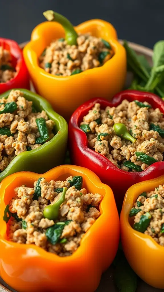 Colorful stuffed peppers filled with ground turkey and spinach