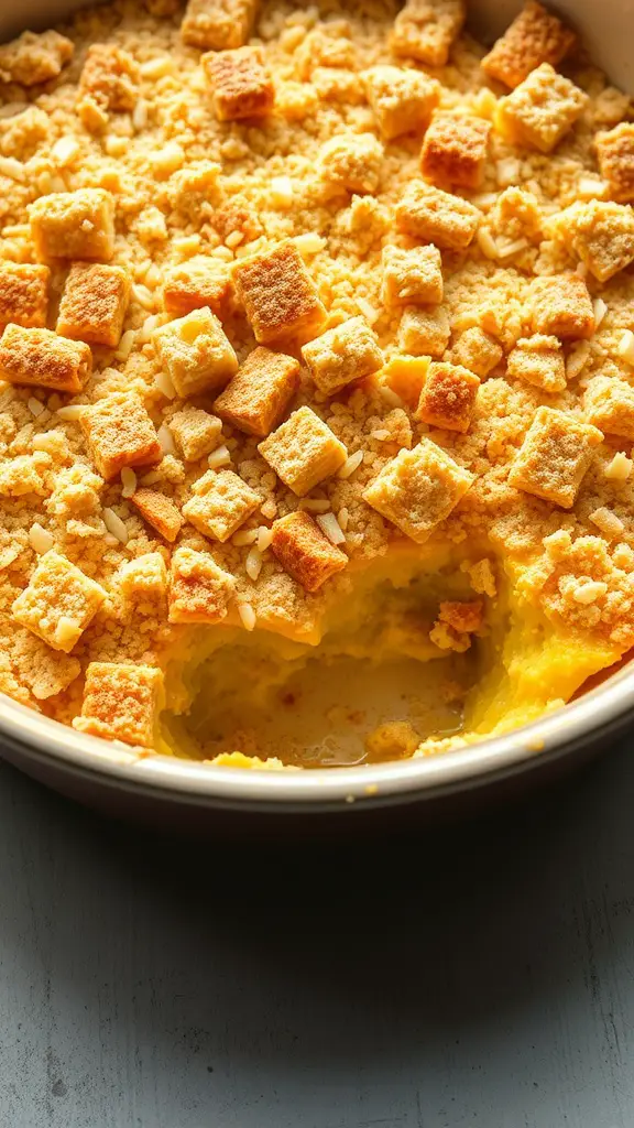 A golden brown yellow squash casserole topped with crunchy breadcrumbs.