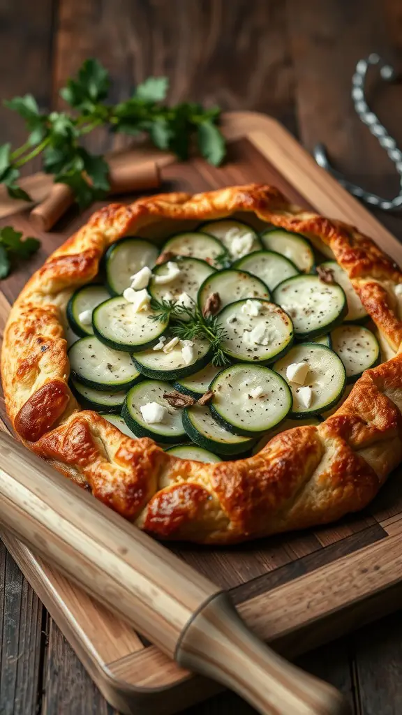 Savory Zucchini and Cheese Galette on a wooden board.