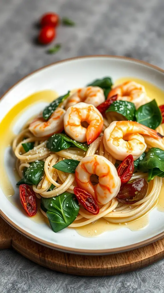 A plate of Shrimp Alfredo pasta with spinach and sun-dried tomatoes.
