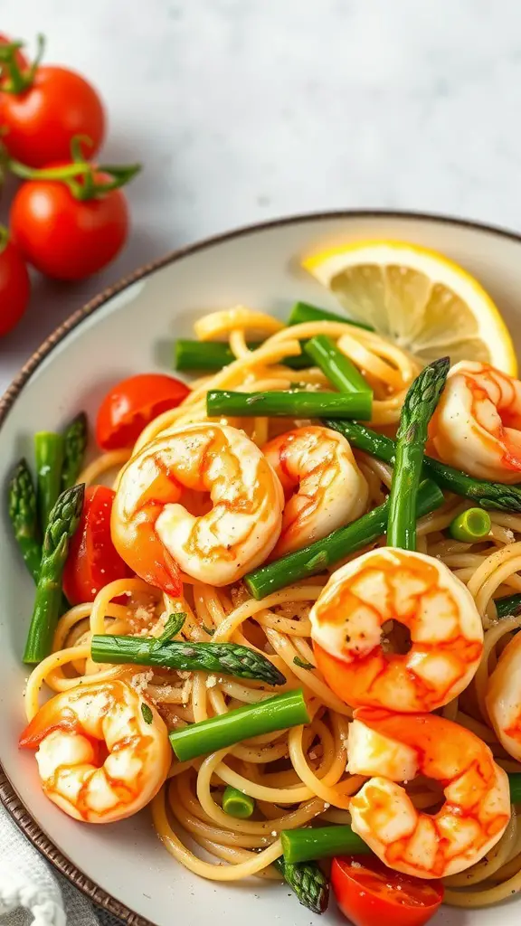 A plate of shrimp and asparagus pasta primavera topped with cherry tomatoes and lemon.