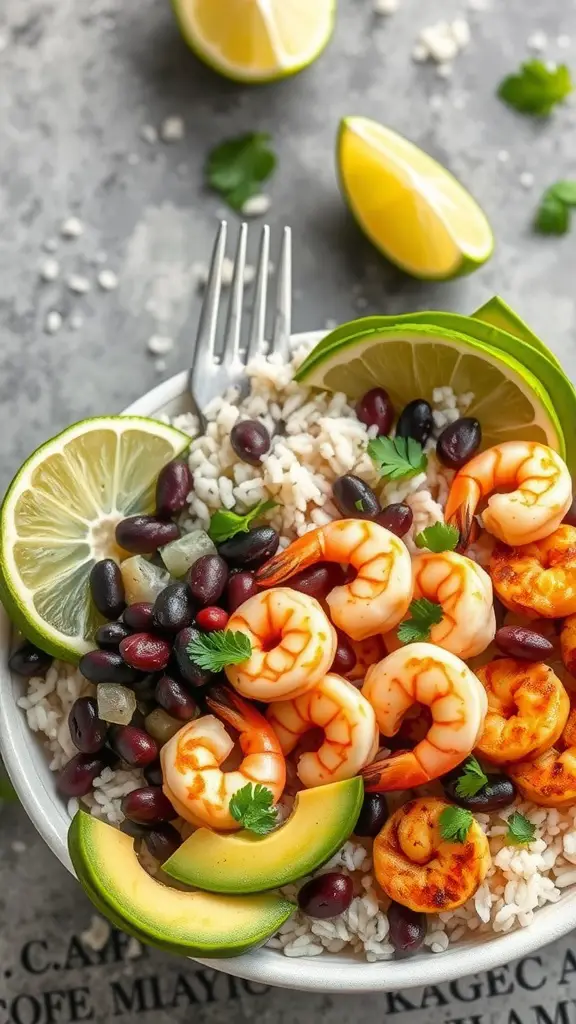 A delicious shrimp and black bean rice bowl with lime wedges and avocado.