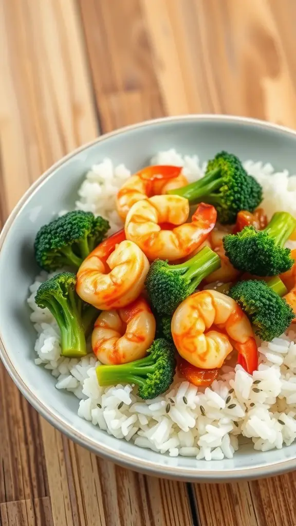 Shrimp and broccoli stir-fry served over rice