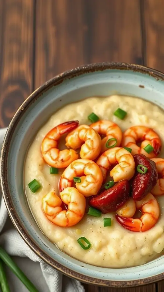 A bowl of shrimp and grits topped with spicy sausage and green onions.